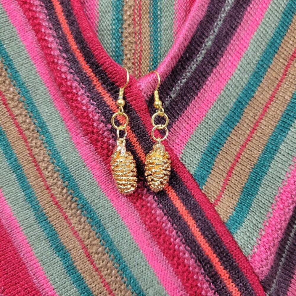 24KT Gold Plated Pinecone‎ Earrings Pierced Dangle Natures Jewelry Fall New